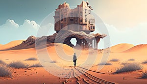 A thrilling journey through the desert leads to a mysterious building in an evocative illustration