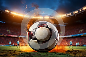 Thrilling match soccer ball on the field, surrounded by energetic fans