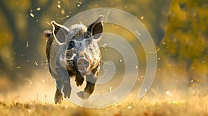 Thrilling moment captured as a wild boar races through a lush field photo