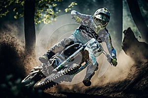 Thrilling Motocross Rider on Dirt Track with Forest Background. AI