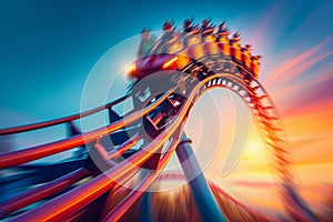 Thrilling Roller Coaster Ride at Sunset