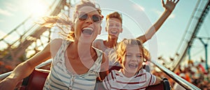 Thrilling Rollercoaster Ride A Happy Mother And Her Children Share Joyful Summer Moments