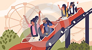 Thrilling Screams Echo As Characters On Roller Coasters Experience Exhilarating Loops And Drops, Vector Illustration