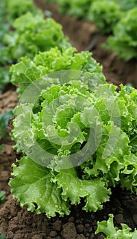 Thriving green lettuce in lush greenhouse environment, abundantly growing fresh and crisp