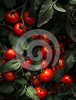 A thriving tomato patch bursts with deep red, juicy fruits nestled amidst dark green leaves and stems in a lush backyard photo