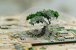 Thriving tree growing on circuit board