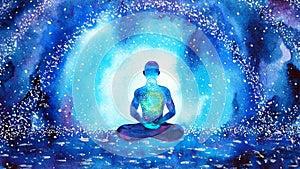 Throat blue chakra human meditate mind mental health yoga spiritual healing meditation peace watercolor painting illustration