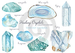 Throat chakra healing crystal watercolor set turquoise, aquamarine, topaz, blue agate, amazonite