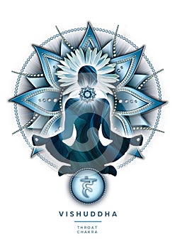 Throat chakra meditation in yoga lotus pose, in front of Vishuddha chakra symbol.