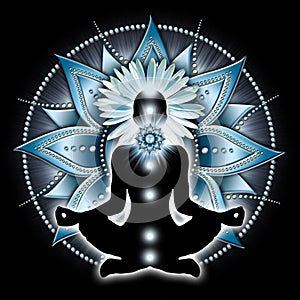 Throat chakra meditation in yoga lotus pose, in front of Vishuddha chakra symbol.