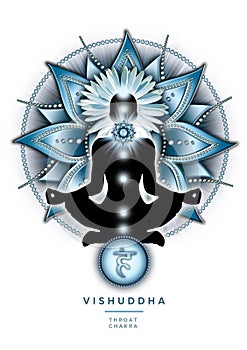 Throat chakra meditation in yoga lotus pose, in front of Vishuddha chakra symbol.