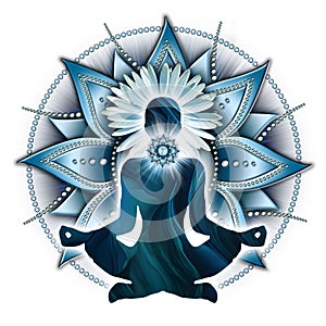 Throat chakra meditation in yoga lotus pose, in front of Vishuddha chakra symbol.