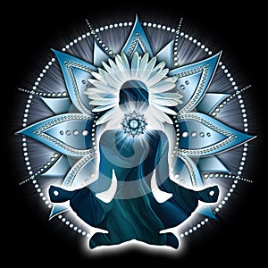 Throat chakra meditation in yoga lotus pose, in front of Vishuddha chakra symbol.