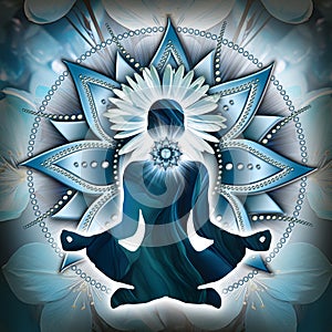 Throat chakra meditation in yoga lotus pose, in front of Vishuddha chakra symbol and mystic petals.