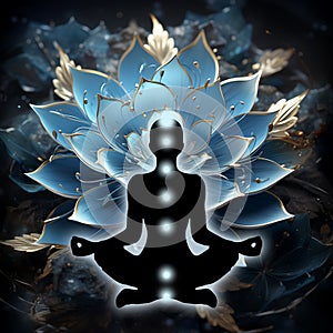 Throat chakra (Vishuddha) meditation in yoga lotus pose, in front of blue lotus flower.