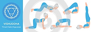 Throat Chakra Yoga poses. Elderly woman practicing Vishudha Chakra Yoga asana. Healthy lifestyle. Flat cartoon character