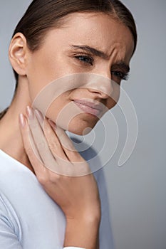 Throat Pain. Beautiful Woman Having Sore Throat, Painful Feeling