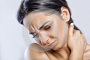 Throat Pain. Closeup Of Sick Woman With Sore Throat Feeling Bad, Suffering From Painful Swallowing. Beautiful Girl Touching Neck