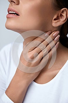 Throat Pain. Closeup Woman With Sore Throat, Painful Feeling