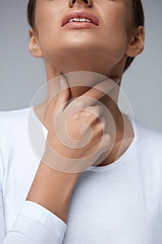 Throat Pain. Closeup Woman With Sore Throat, Painful Feeling