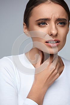 Throat Pain. Ill Woman Having Sore Throat, Painful Feeling