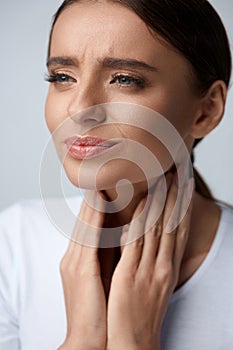 Throat Pain. Ill Woman Having Sore Throat, Painful Feeling
