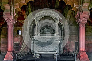 The throne of king Akbar in Diwan-i-Am in the Red Fort Complex a unesco world heritage site Delhi