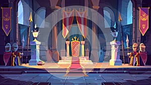 The thrones of the King and Queen in the castle hall with flags and guards with swords and stone statues. Fantasy, fairy