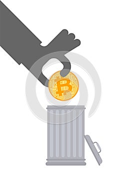 Throw away bitcoin. Cryptocurrency in Trash can. Throw e-money in trash