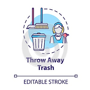 Throw away trash concept icon. Housework and cleanliness. Cleaning house. Put garbage in bin. Housekeeping work idea