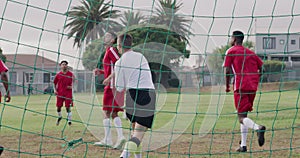 Throw, ball or goalkeeper on field with soccer team for sports game, group workout or football fitness. People, start or