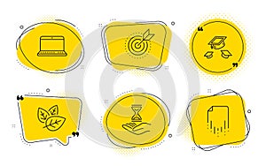 Throw hats, Organic tested and Target purpose icons set. Time hourglass, Notebook and Recovery file signs. Vector