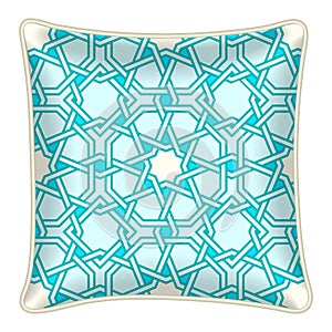 Throw pillow cushion illustration top view, turquoise blue moroccan pattern