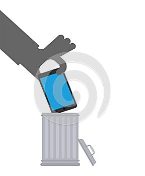 Throw Smartphone in trash. Hand throws telephone into trash can