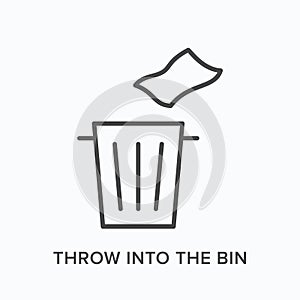 Throw trash into the bin flat line icon. Vector outline illustration of napkin and garbage can. Waste recycle thin