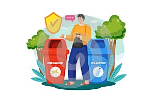 Throw trash into the right bin Illustration concept on white background