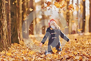 Throwing leaves into the air. Cute positive little girl have fun in the autumn park