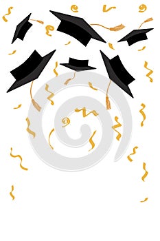 Throwing square academic caps with tassels on background of confetti. Graduation ceremony. Vertical background for text. Vector