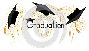 Throwing square academic caps with tassels on background of fireworks. Graduation ceremony. Vector illustration