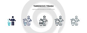 Throwing trash icon in different style vector illustration. two colored and black throwing trash vector icons designed in filled,