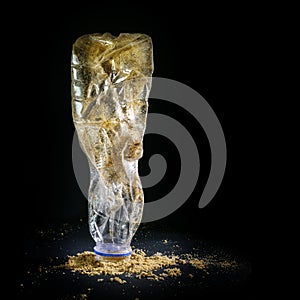 Thrown away plastic bottle with sand from the beach shown like an art sculpture against a black background, waste concept for the