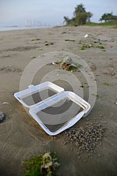 Thrown away takeout carton on beach