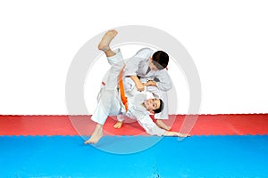 Throws judo perfoming athletes in judogi