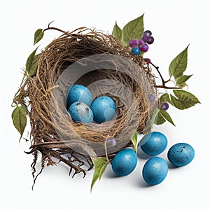 Thrush nest with blue eggs isolated on white background close-up