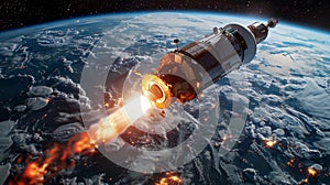 Thruster Ignition Of Orbital Spacecraft Above Earth. Human Space Flight. Space Travel. AI Generated