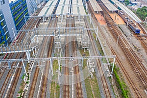 THSR Kaohsiung Station with train passing by, this station is the Taiwan High Speed Rail located in Zuoying, Kaohsiung, Taiwan