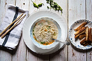 Thukpa noodle soup, an Asian delicacy along with bread crumbs
