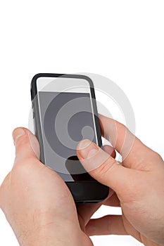 Thumb on a cellular phone, isolated on white