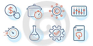 Thumb down, Copywriting network and Timer icons set. Dj controller, Boiling pan and Service signs. Vector