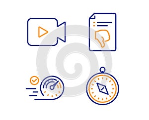 Thumb down, Speedometer and Video camera icons set. Travel compass sign. Vector